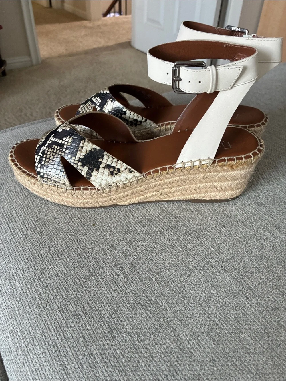 Franco Sarto Snake Print Espadrille Sandals with White Ankle Strap